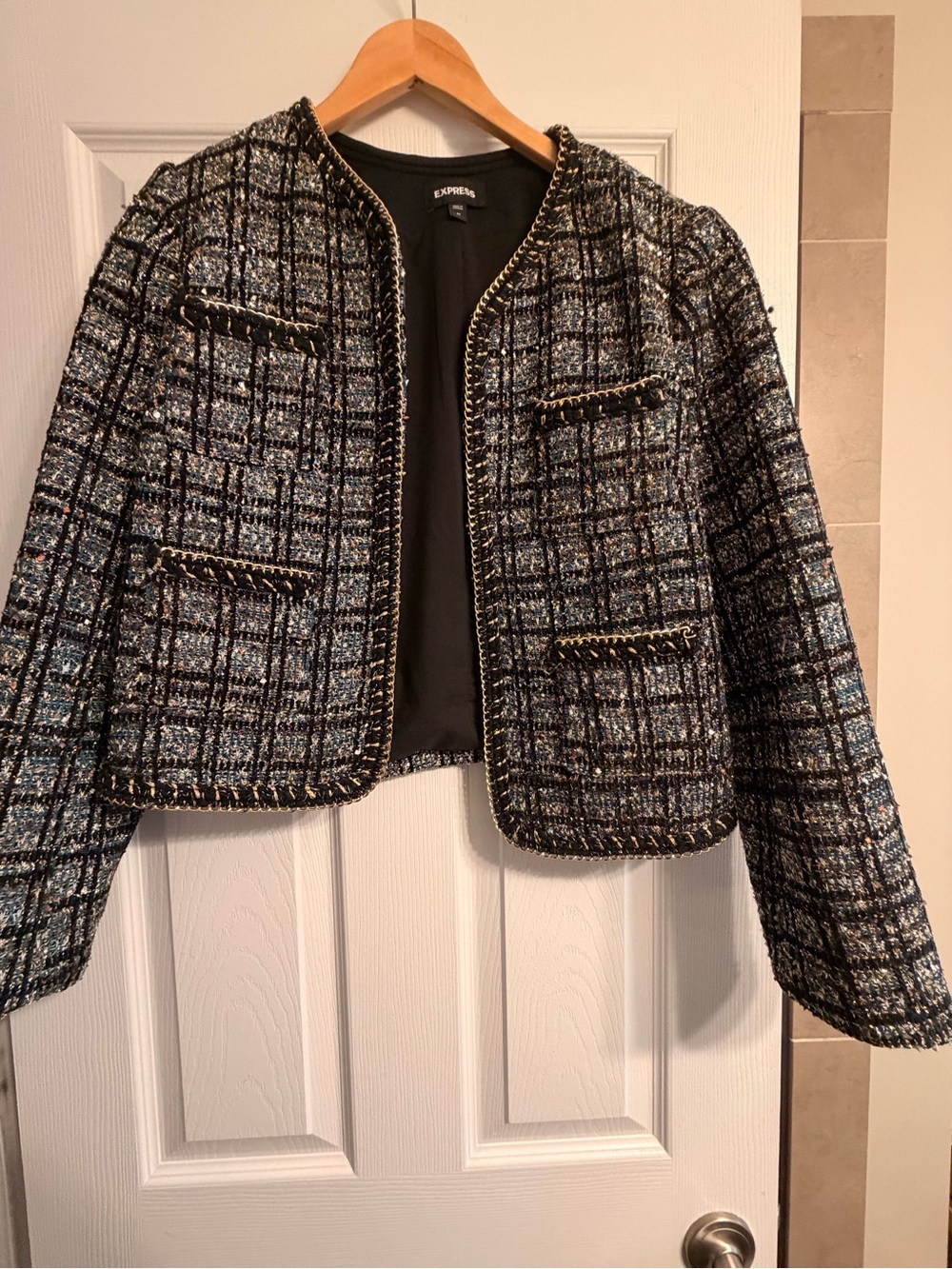 Express Black and Blue Tweed Collarless blazer with matching purse - Picture 3 of 6